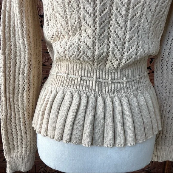Vintage Adorable Cream Crochet Knit Button-Front Sweater with Drawstring Waist - Picture 6 of 7